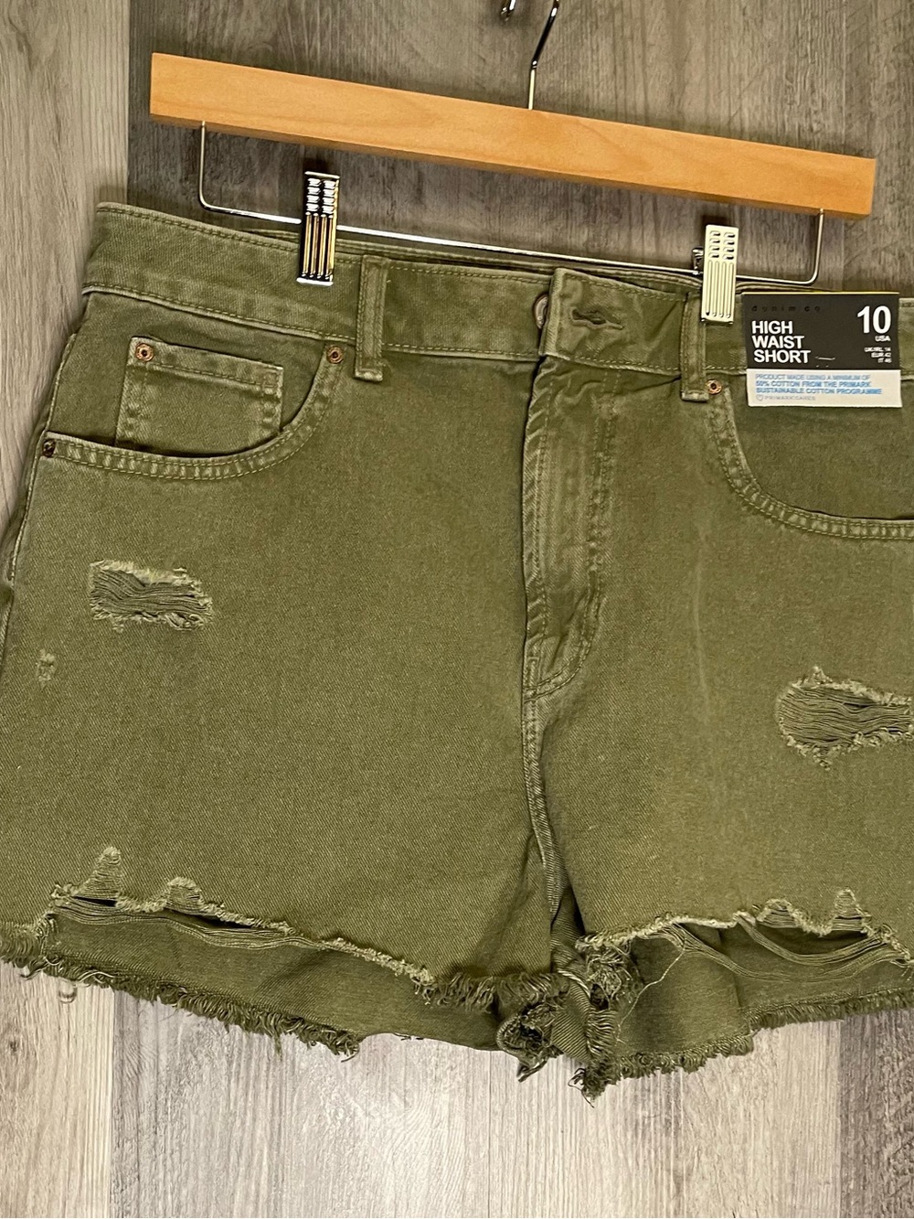 Primark Denim Co Womens High Waist Shorts Olive Green Distressed Raw Hem Sz 10